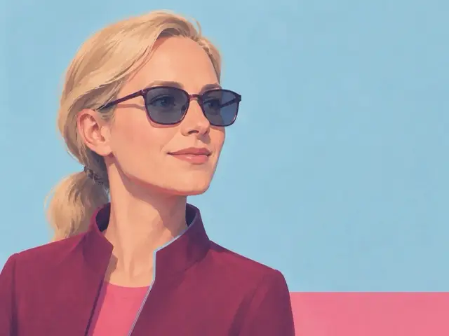 A woman in sunglasses and a red jacket, looking out towards the horizon.