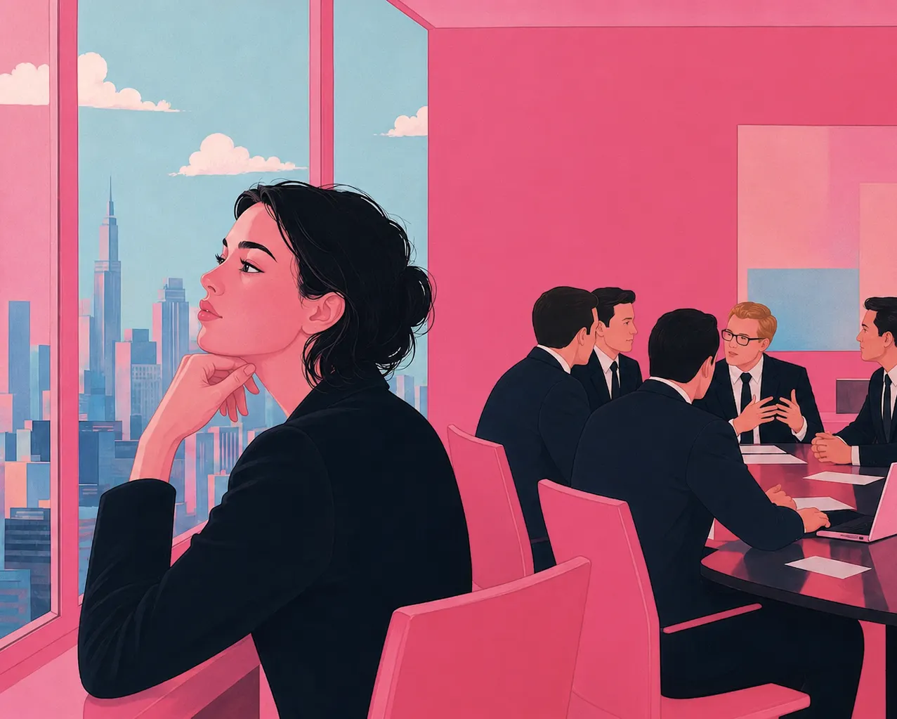 An illustration of a woman turning away from a boardroom meeting to look out of the window.