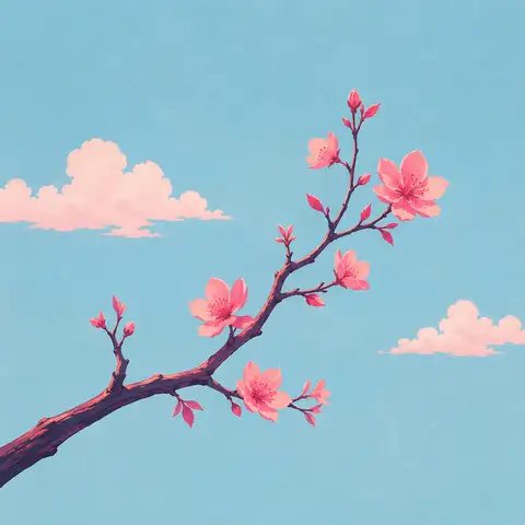 A branch coming into blossom against an open sky.